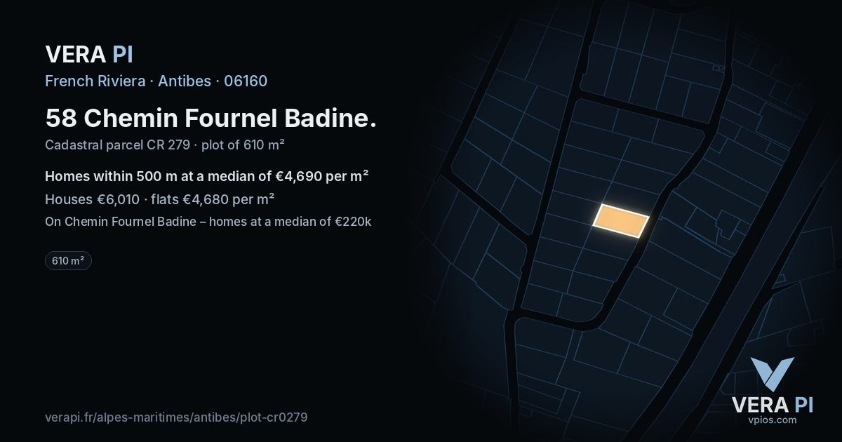 58 Chemin Fournel Badine, Antibes at night – the plot lit, the parcels around coloured by the prices near them