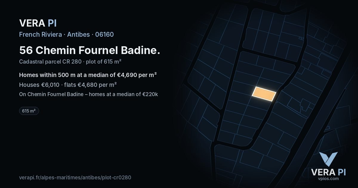 56 Chemin Fournel Badine, Antibes at night – the plot lit, the parcels around coloured by the prices near them