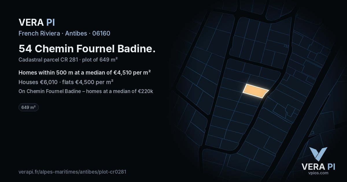 54 Chemin Fournel Badine, Antibes at night – the plot lit, the parcels around coloured by the prices near them