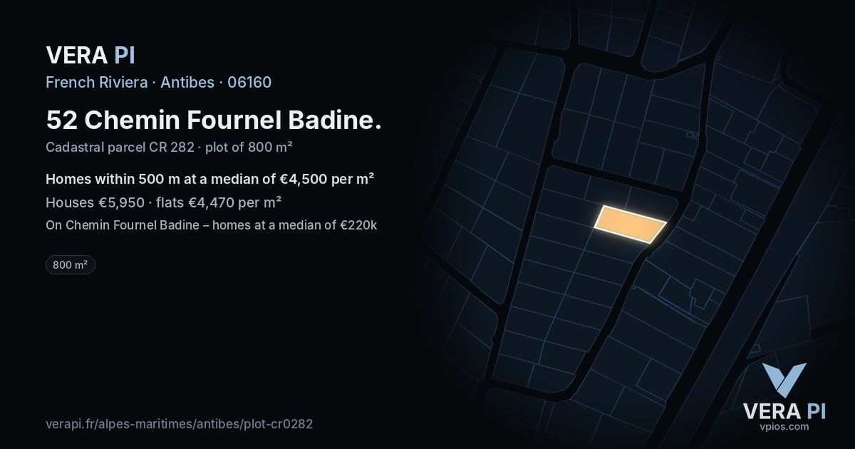 52 Chemin Fournel Badine, Antibes at night – the plot lit, the parcels around coloured by the prices near them