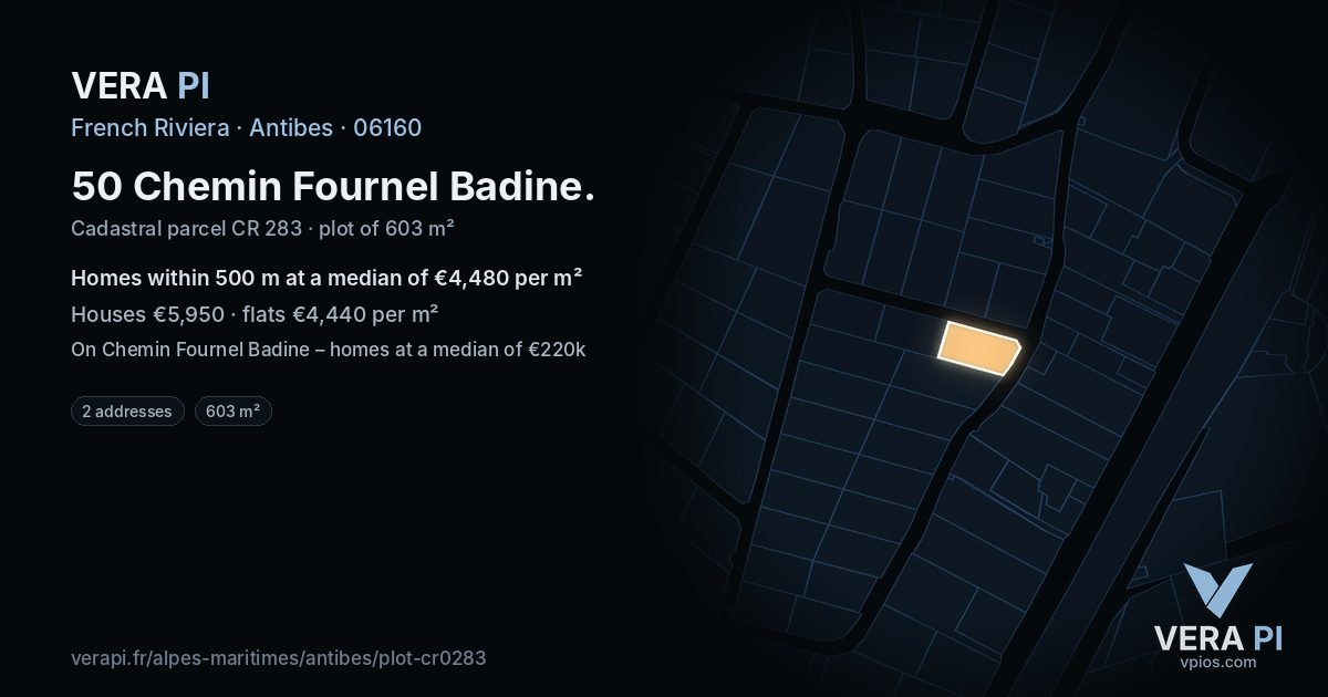 50 Chemin Fournel Badine, Antibes at night – the plot lit, the parcels around coloured by the prices near them