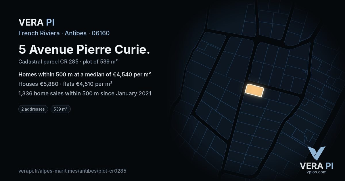 5 Avenue Pierre Curie, Antibes at night – the plot lit, the parcels around coloured by the prices near them