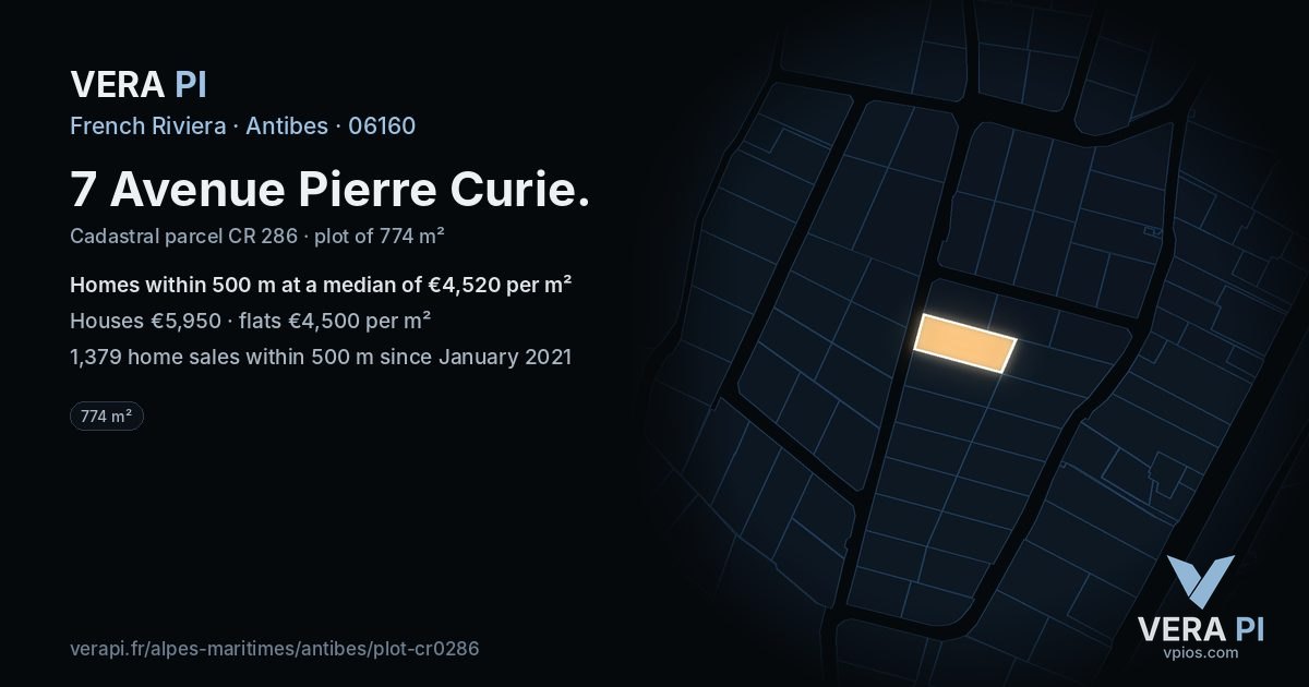 7 Avenue Pierre Curie, Antibes at night – the plot lit, the parcels around coloured by the prices near them