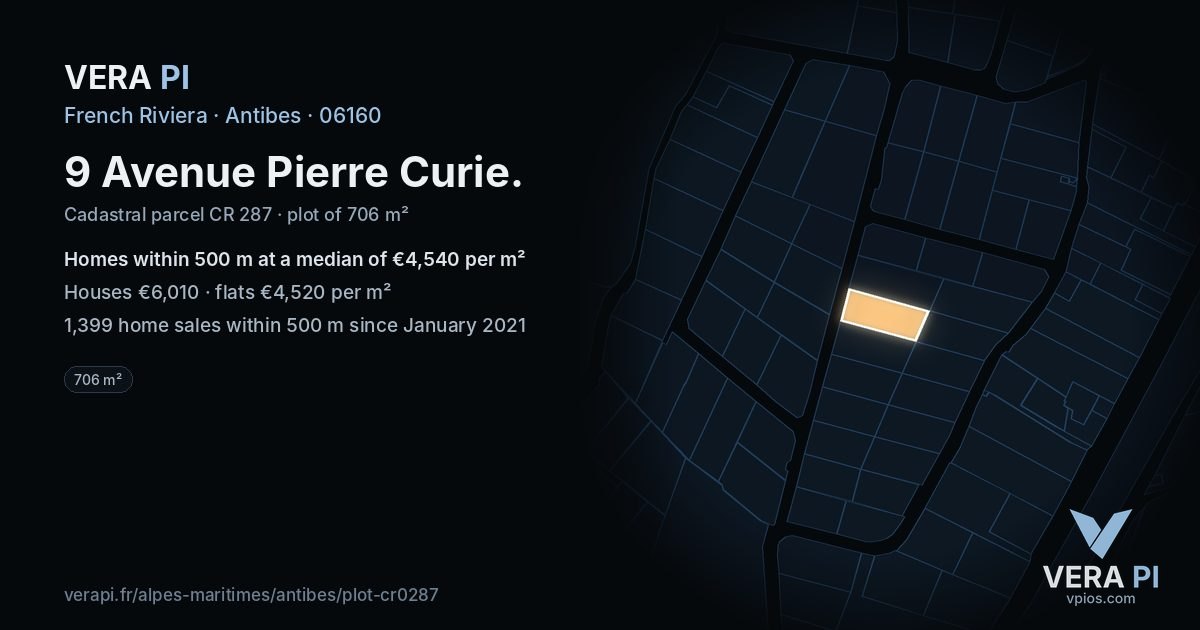9 Avenue Pierre Curie, Antibes at night – the plot lit, the parcels around coloured by the prices near them