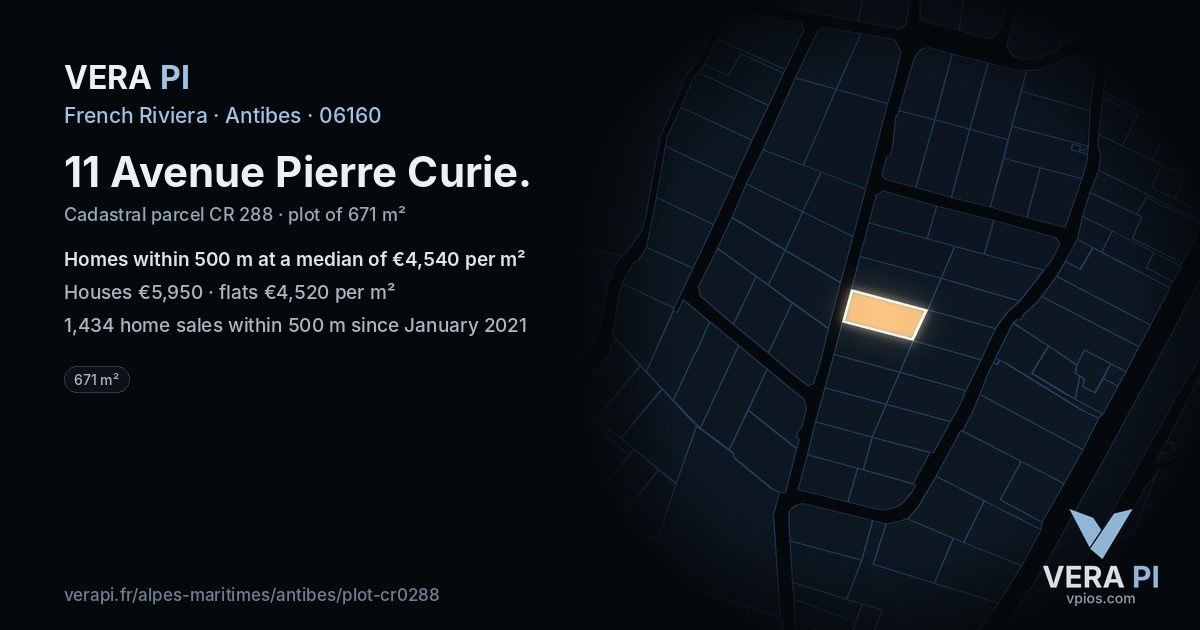 11 Avenue Pierre Curie, Antibes at night – the plot lit, the parcels around coloured by the prices near them