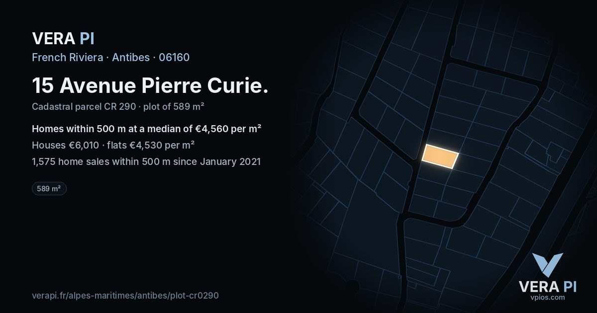 15 Avenue Pierre Curie, Antibes at night – the plot lit, the parcels around coloured by the prices near them