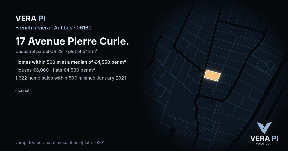 17 Avenue Pierre Curie, Antibes at night – the plot lit, the parcels around coloured by the prices near them