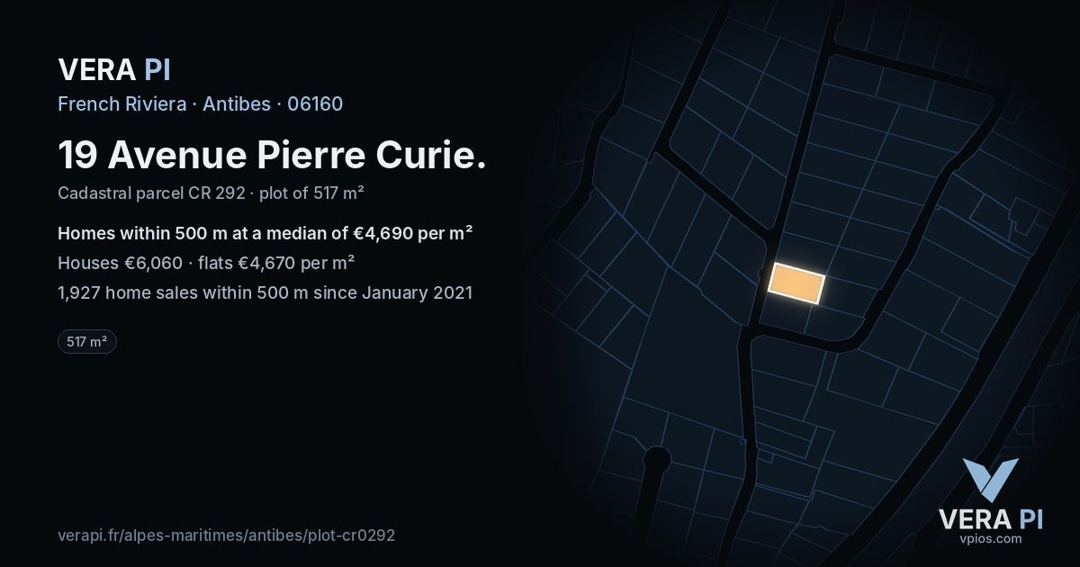 19 Avenue Pierre Curie, Antibes at night – the plot lit, the parcels around coloured by the prices near them