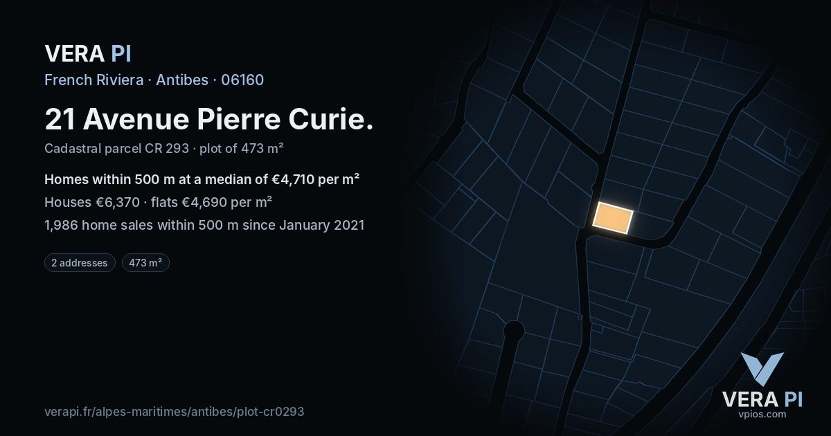 21 Avenue Pierre Curie, Antibes at night – the plot lit, the parcels around coloured by the prices near them