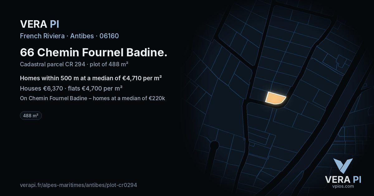 66 Chemin Fournel Badine, Antibes at night – the plot lit, the parcels around coloured by the prices near them