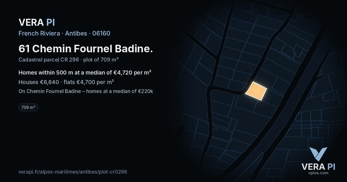 61 Chemin Fournel Badine, Antibes at night – the plot lit, the parcels around coloured by the prices near them
