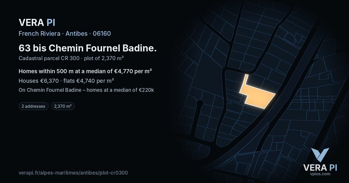 63 bis Chemin Fournel Badine, Antibes at night – the plot lit, the parcels around coloured by the prices near them