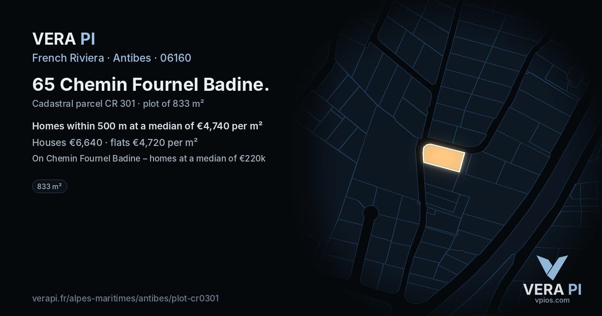 65 Chemin Fournel Badine, Antibes at night – the plot lit, the parcels around coloured by the prices near them