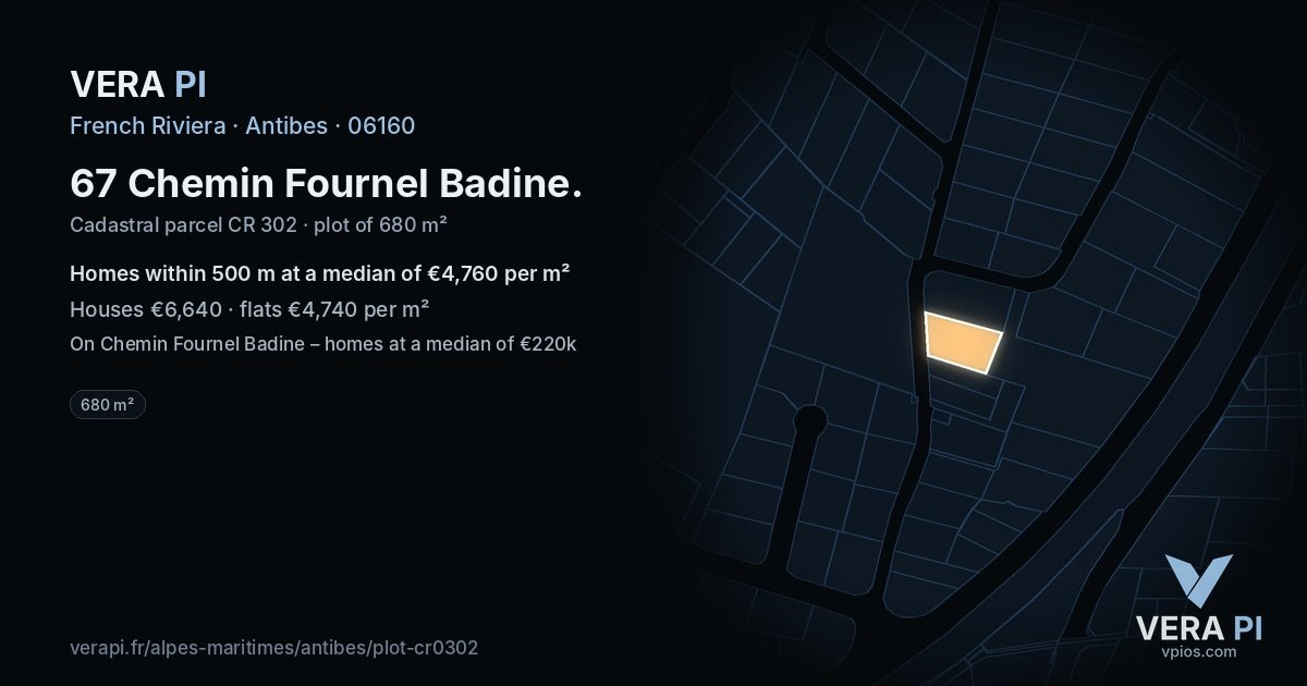 67 Chemin Fournel Badine, Antibes at night – the plot lit, the parcels around coloured by the prices near them