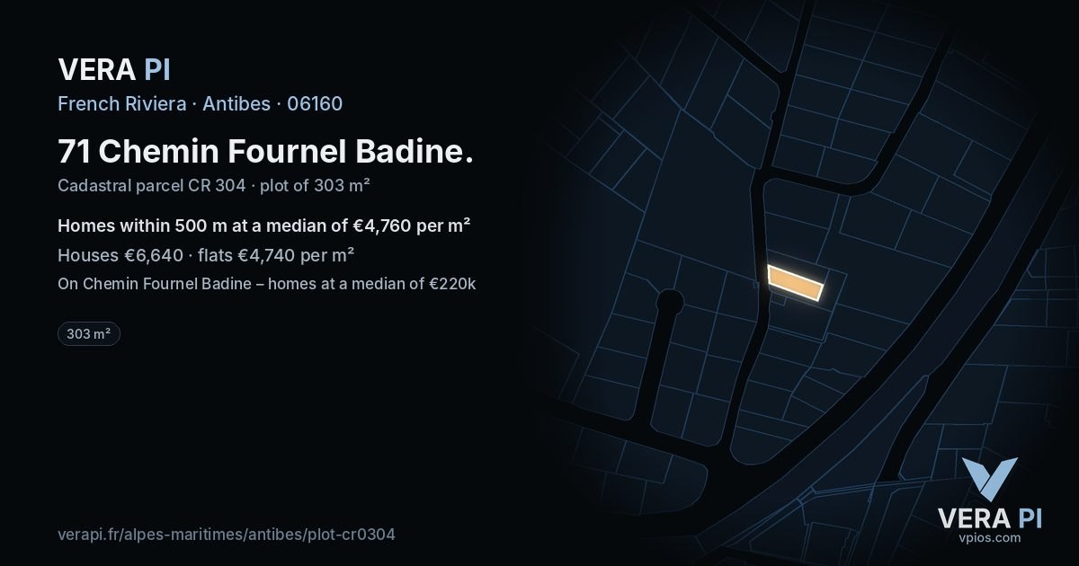 71 Chemin Fournel Badine, Antibes at night – the plot lit, the parcels around coloured by the prices near them