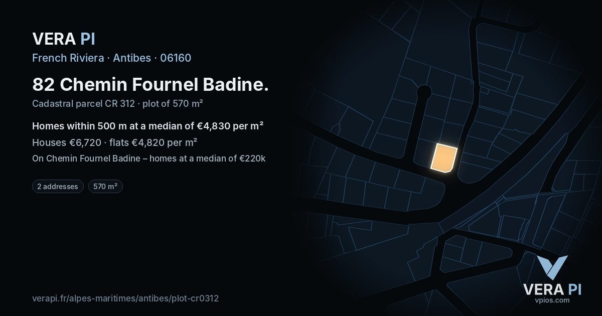 82 Chemin Fournel Badine, Antibes at night – the plot lit, the parcels around coloured by the prices near them