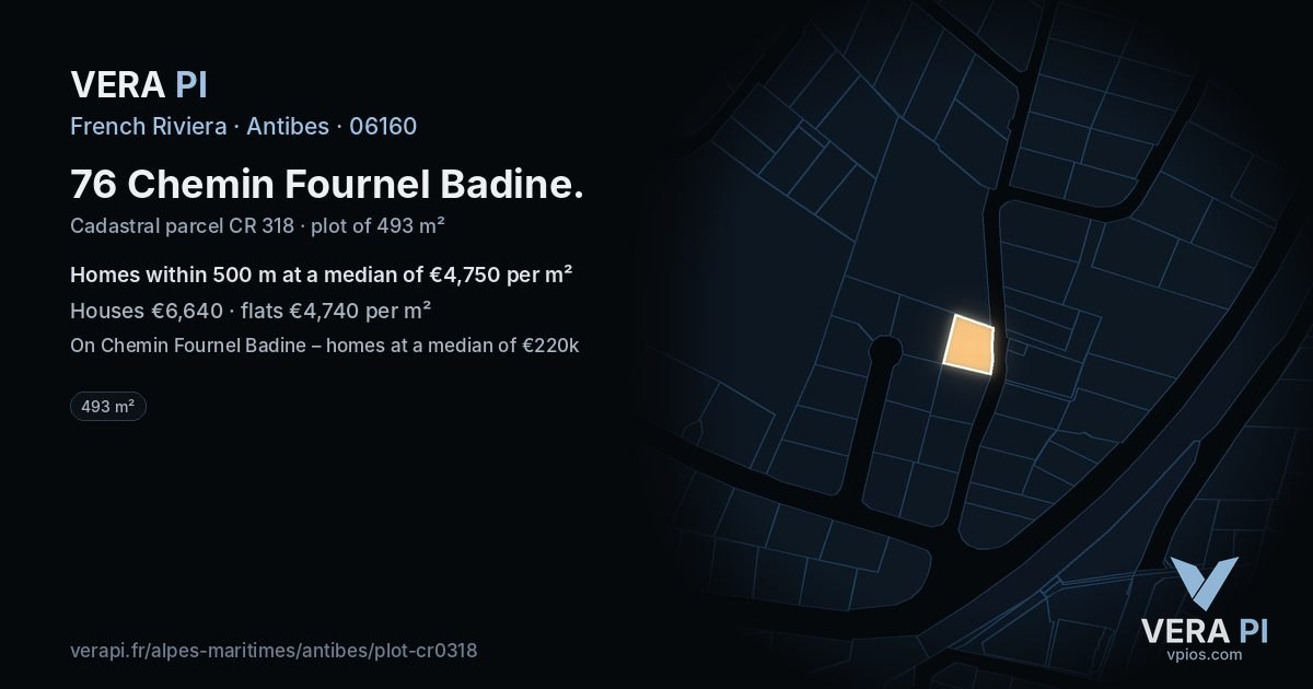 76 Chemin Fournel Badine, Antibes at night – the plot lit, the parcels around coloured by the prices near them