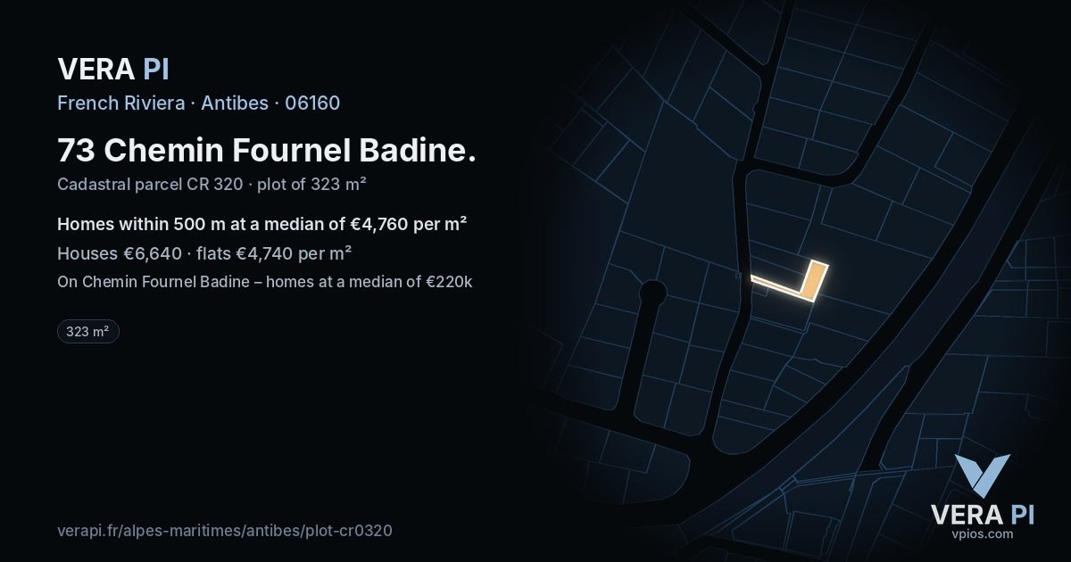 73 Chemin Fournel Badine, Antibes at night – the plot lit, the parcels around coloured by the prices near them