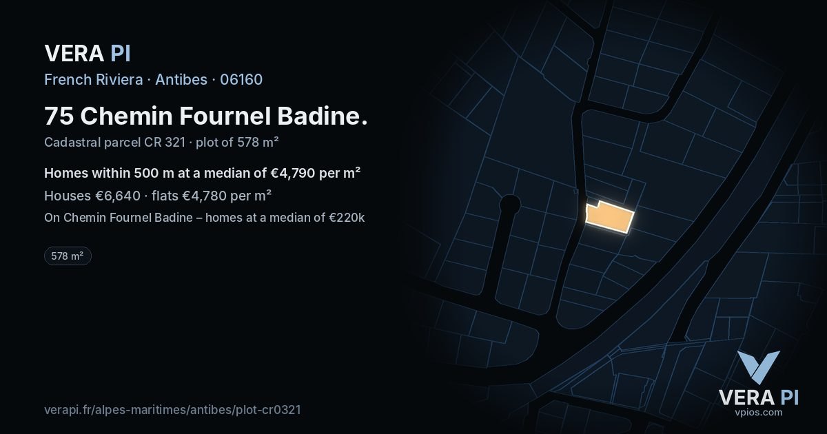 75 Chemin Fournel Badine, Antibes at night – the plot lit, the parcels around coloured by the prices near them