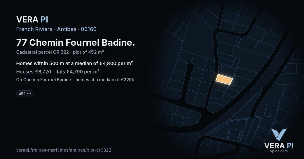 77 Chemin Fournel Badine, Antibes at night – the plot lit, the parcels around coloured by the prices near them