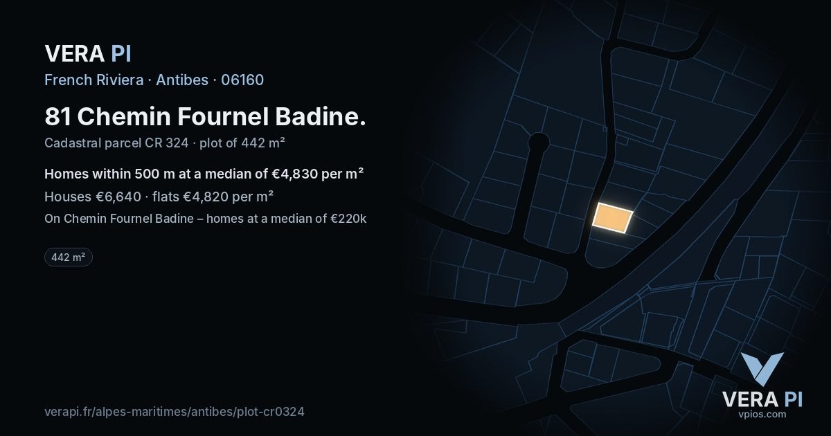 81 Chemin Fournel Badine, Antibes at night – the plot lit, the parcels around coloured by the prices near them