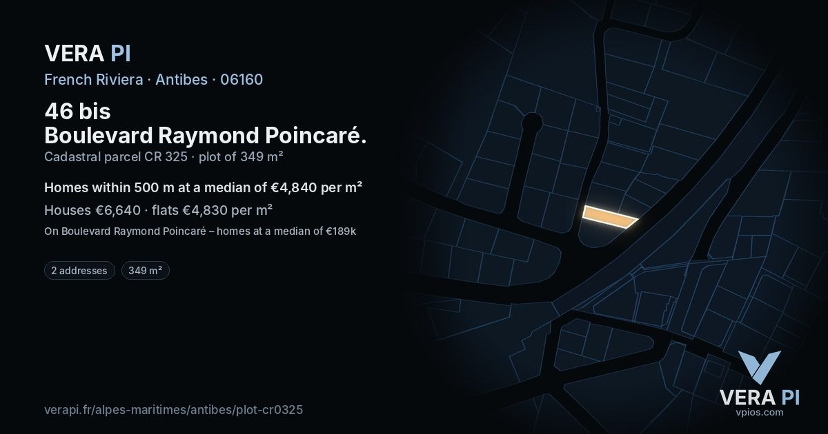 46 bis Boulevard Raymond Poincaré, Antibes at night – the plot lit, the parcels around coloured by the prices near them