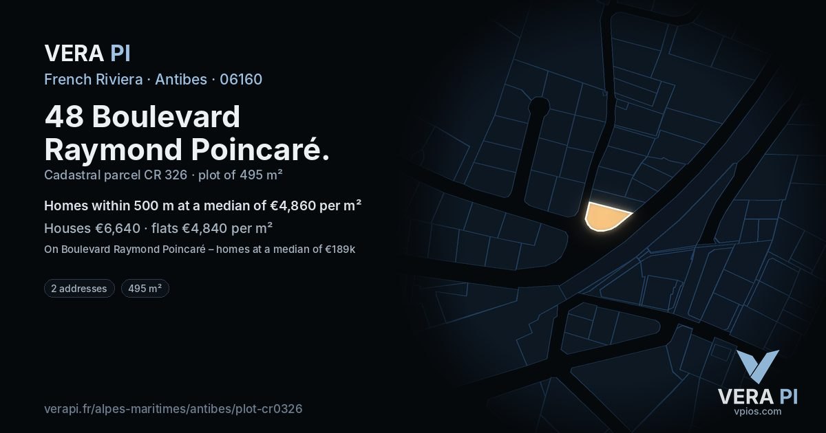 48 Boulevard Raymond Poincaré, Antibes at night – the plot lit, the parcels around coloured by the prices near them