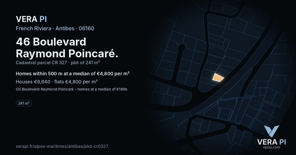 46 Boulevard Raymond Poincaré, Antibes at night – the plot lit, the parcels around coloured by the prices near them