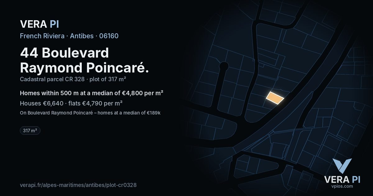 44 Boulevard Raymond Poincaré, Antibes at night – the plot lit, the parcels around coloured by the prices near them