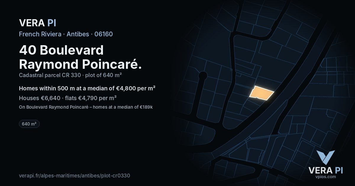 40 Boulevard Raymond Poincaré, Antibes at night – the plot lit, the parcels around coloured by the prices near them