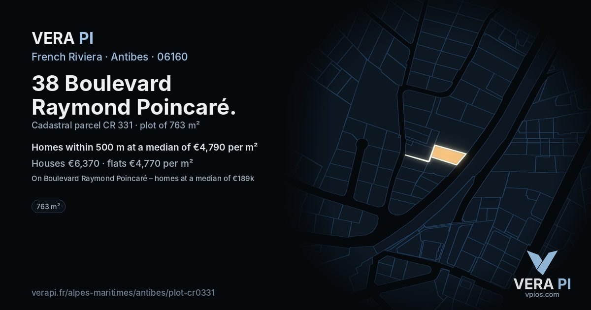38 Boulevard Raymond Poincaré, Antibes at night – the plot lit, the parcels around coloured by the prices near them
