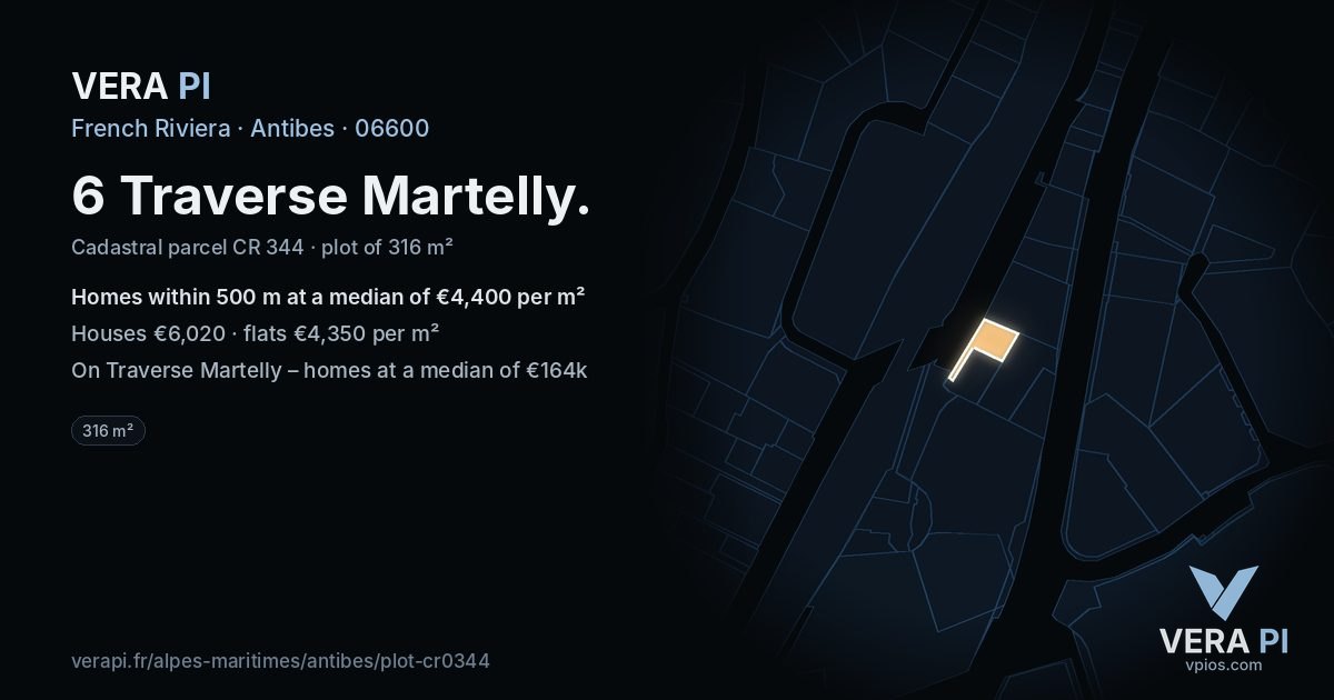 6 Traverse Martelly, Antibes at night – the plot lit, the parcels around coloured by the prices near them