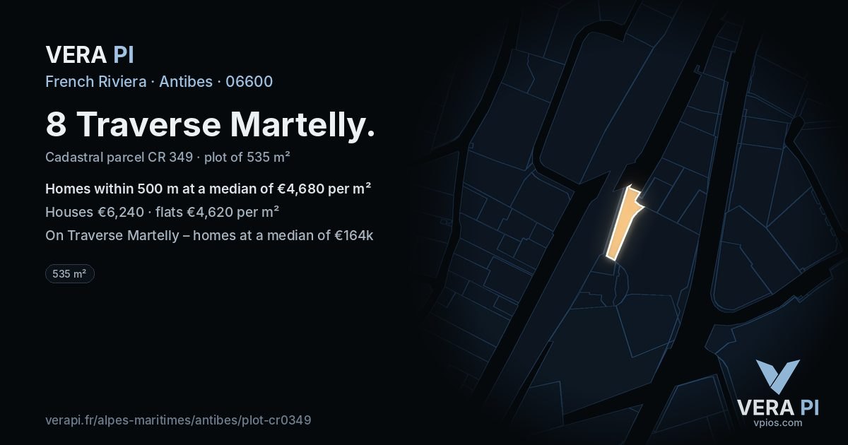 8 Traverse Martelly, Antibes at night – the plot lit, the parcels around coloured by the prices near them