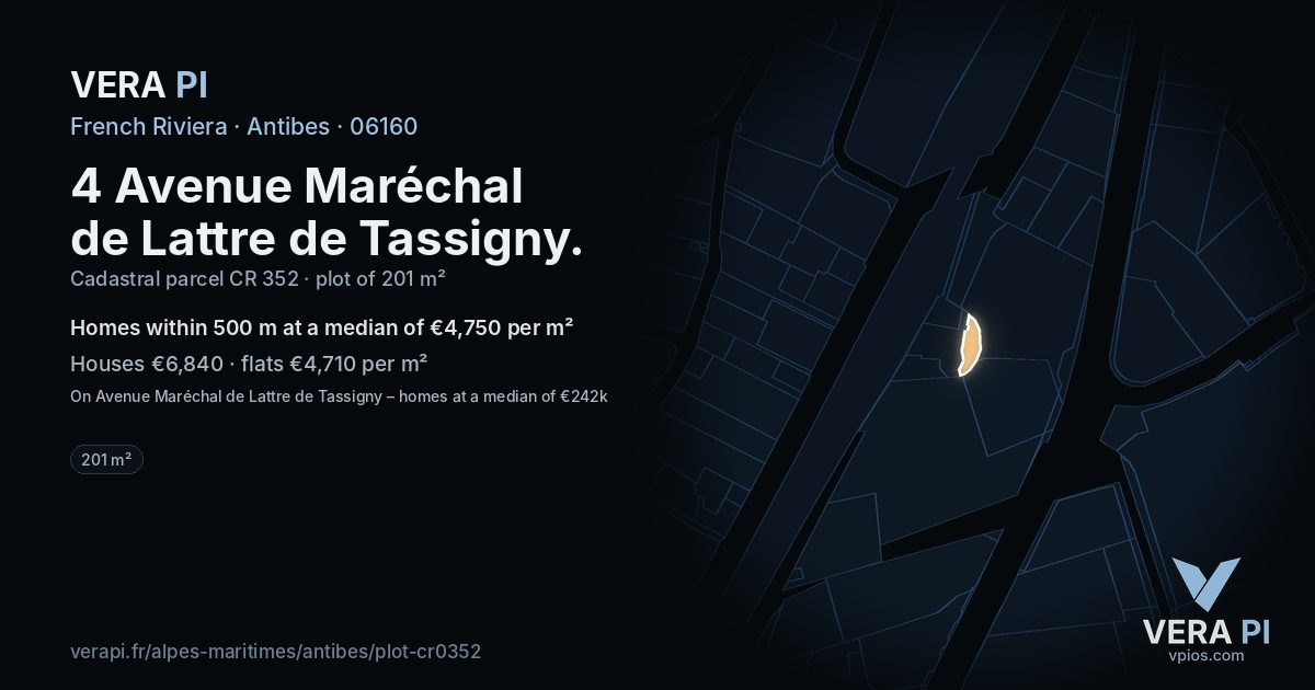 4 Avenue Maréchal de Lattre de Tassigny, Antibes at night – the plot lit, the parcels around coloured by the prices near them