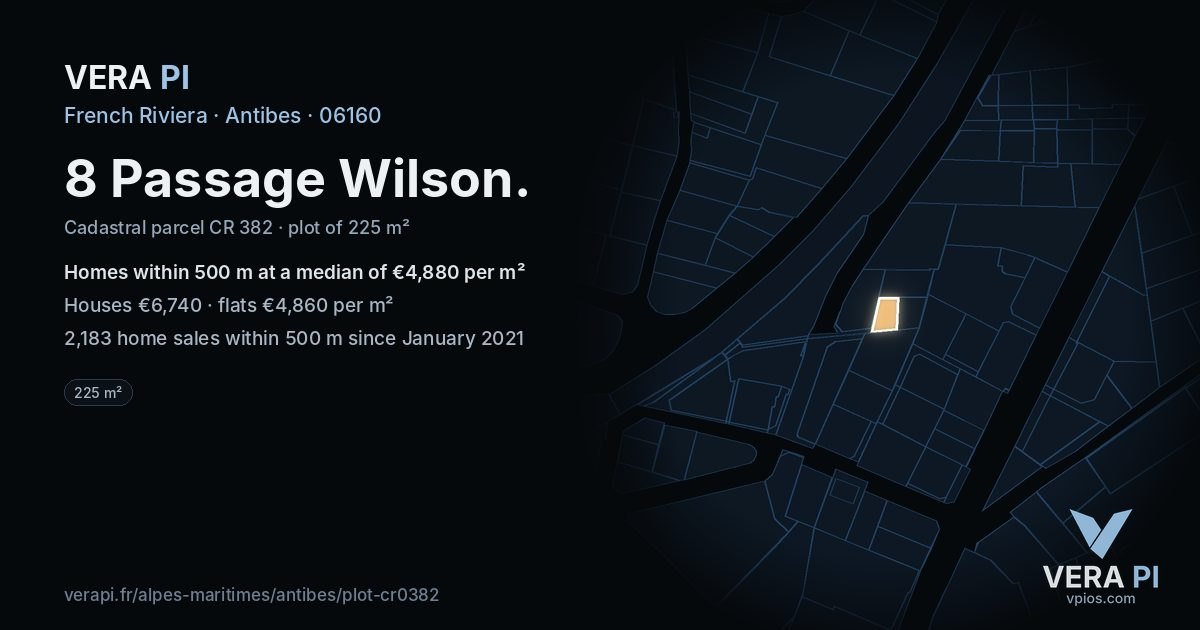 8 Passage Wilson, Antibes at night – the plot lit, the parcels around coloured by the prices near them