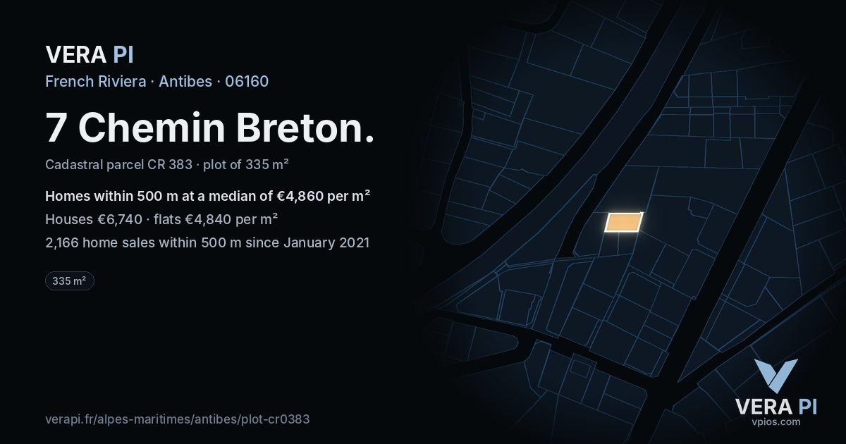 7 Chemin Breton, Antibes at night – the plot lit, the parcels around coloured by the prices near them