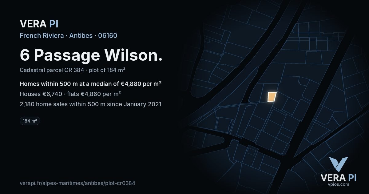 6 Passage Wilson, Antibes at night – the plot lit, the parcels around coloured by the prices near them