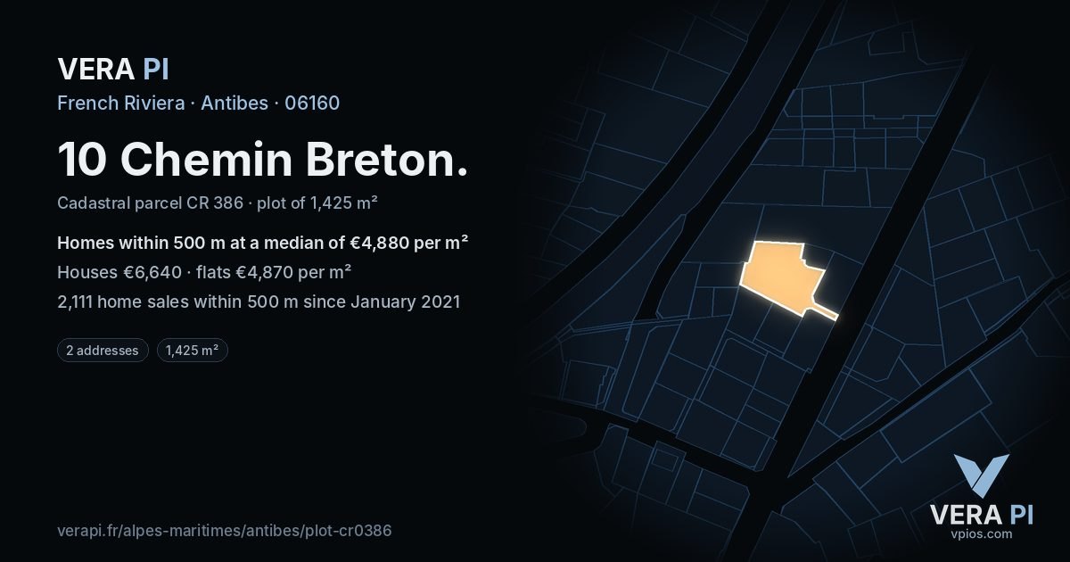 10 Chemin Breton, Antibes at night – the plot lit, the parcels around coloured by the prices near them