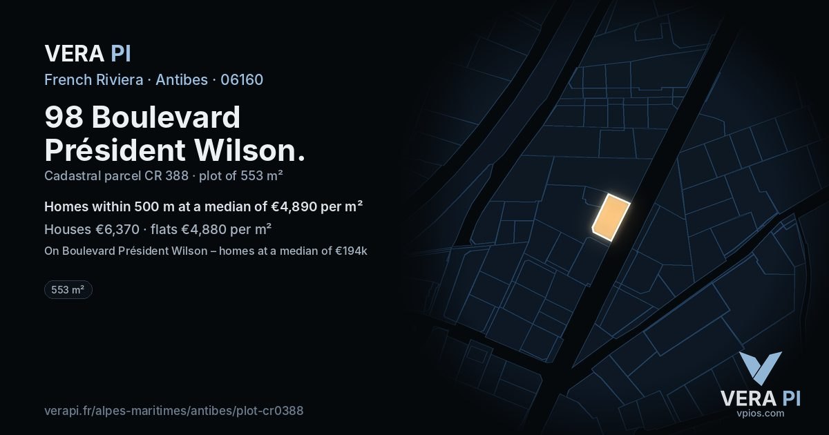 98 Boulevard Président Wilson, Antibes at night – the plot lit, the parcels around coloured by the prices near them
