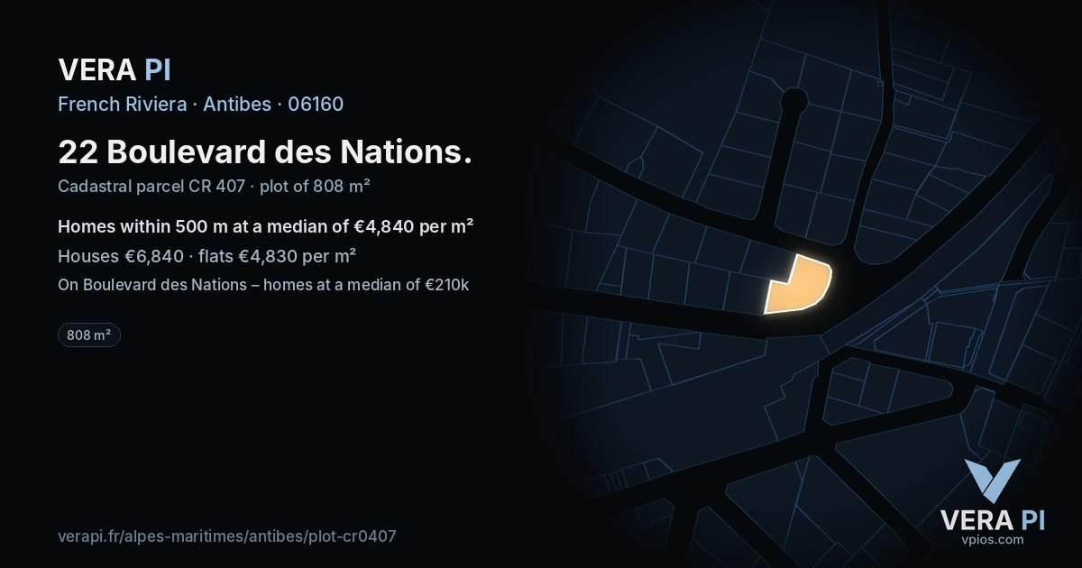 22 Boulevard des Nations, Antibes at night – the plot lit, the parcels around coloured by the prices near them