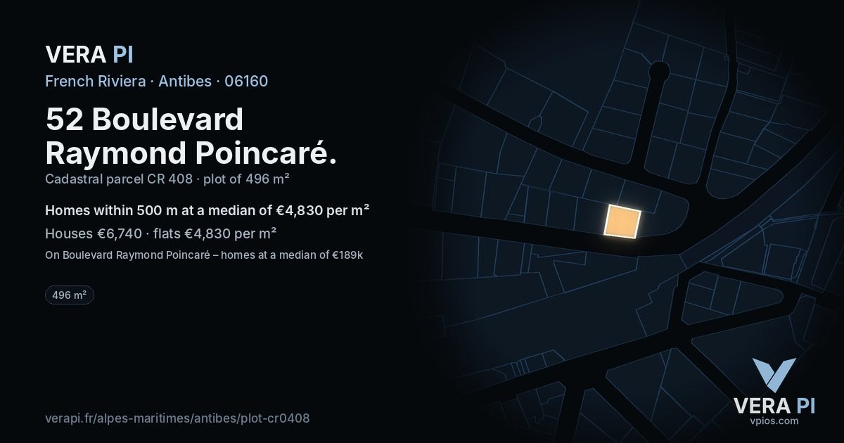 52 Boulevard Raymond Poincaré, Antibes at night – the plot lit, the parcels around coloured by the prices near them
