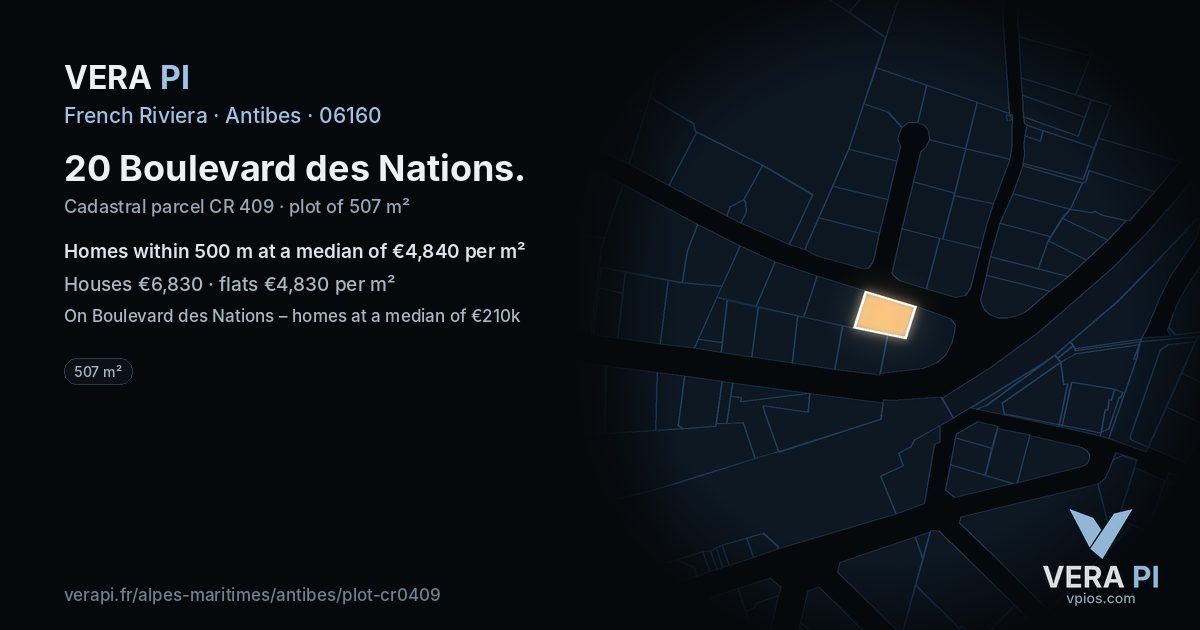 20 Boulevard des Nations, Antibes at night – the plot lit, the parcels around coloured by the prices near them