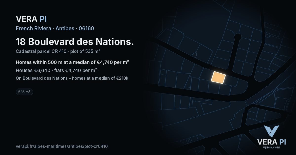 18 Boulevard des Nations, Antibes at night – the plot lit, the parcels around coloured by the prices near them