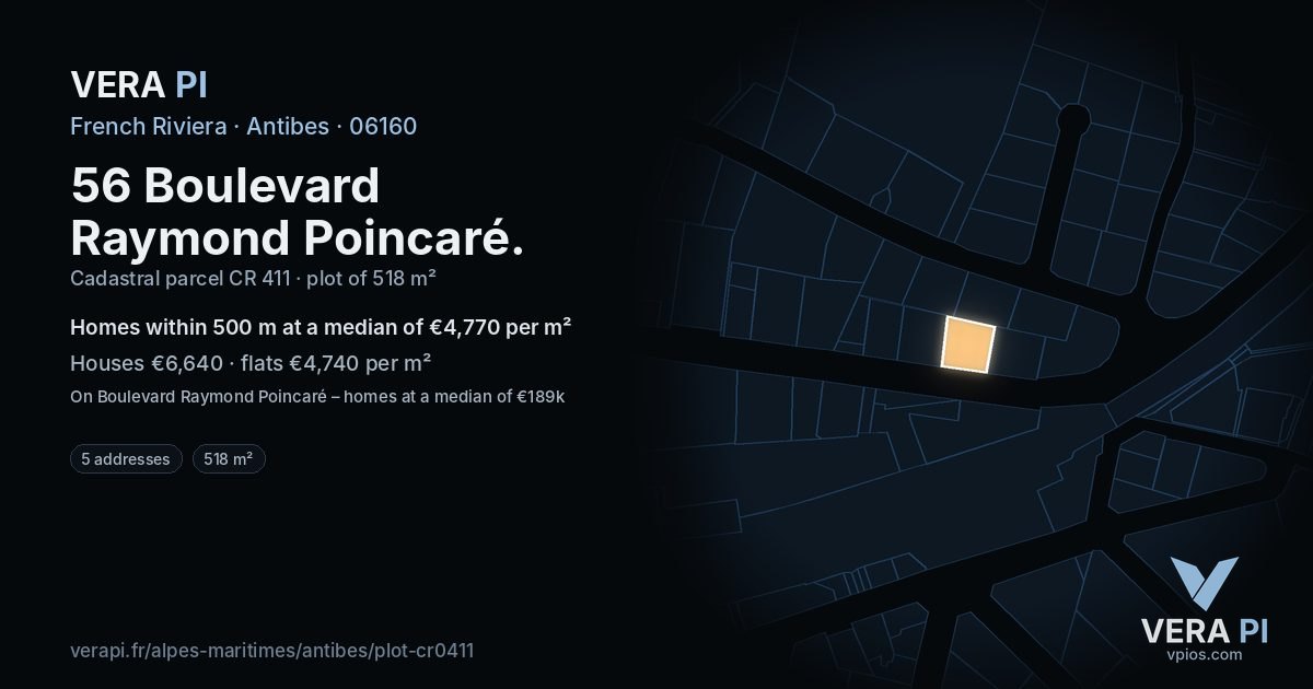 56 Boulevard Raymond Poincaré, Antibes at night – the plot lit, the parcels around coloured by the prices near them