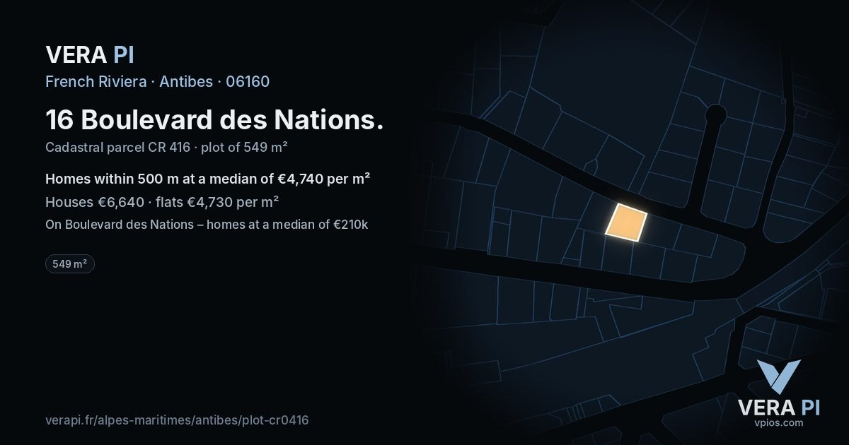 16 Boulevard des Nations, Antibes at night – the plot lit, the parcels around coloured by the prices near them