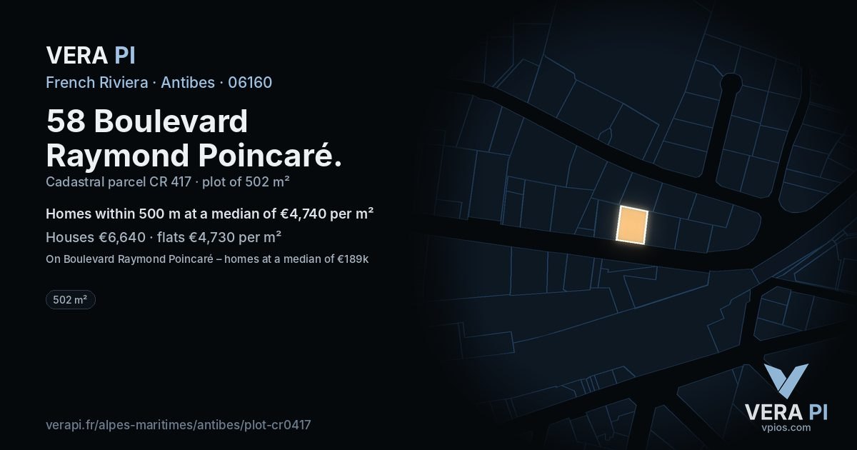 58 Boulevard Raymond Poincaré, Antibes at night – the plot lit, the parcels around coloured by the prices near them