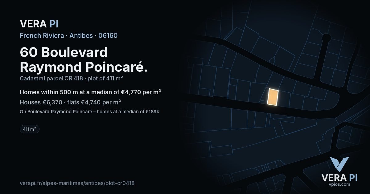 60 Boulevard Raymond Poincaré, Antibes at night – the plot lit, the parcels around coloured by the prices near them