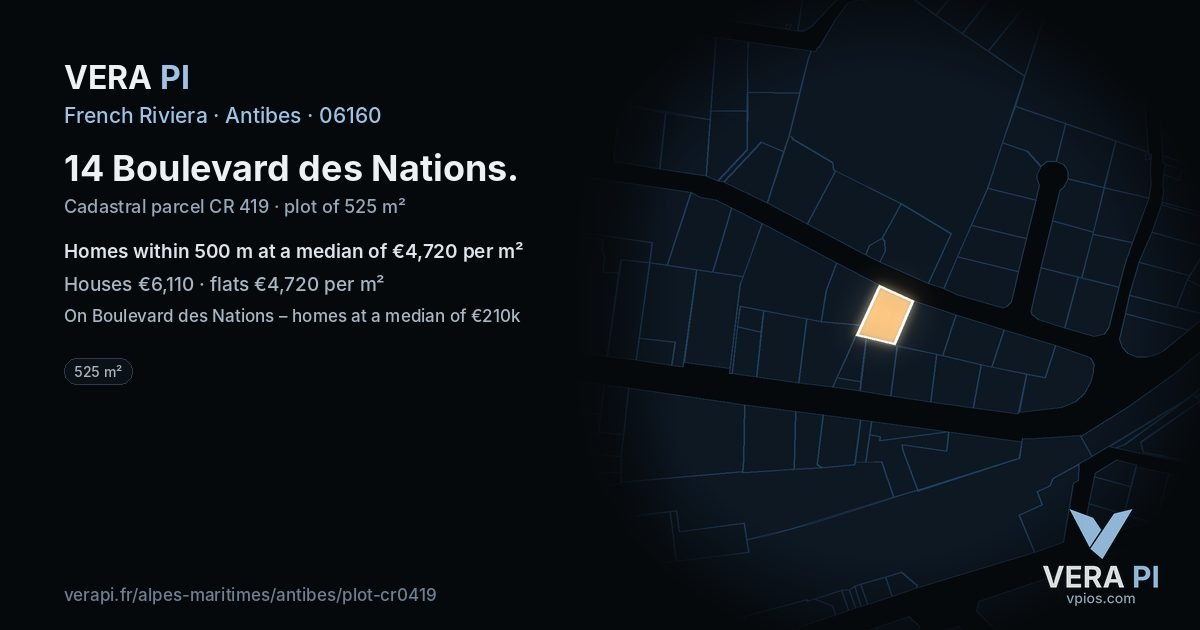 14 Boulevard des Nations, Antibes at night – the plot lit, the parcels around coloured by the prices near them