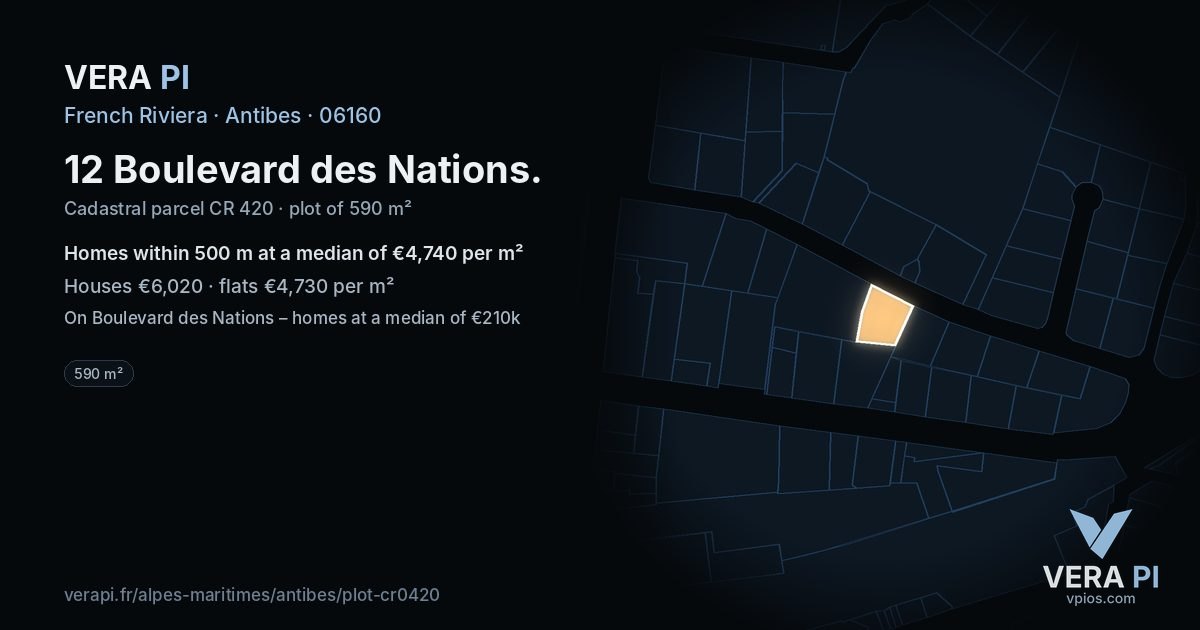 12 Boulevard des Nations, Antibes at night – the plot lit, the parcels around coloured by the prices near them