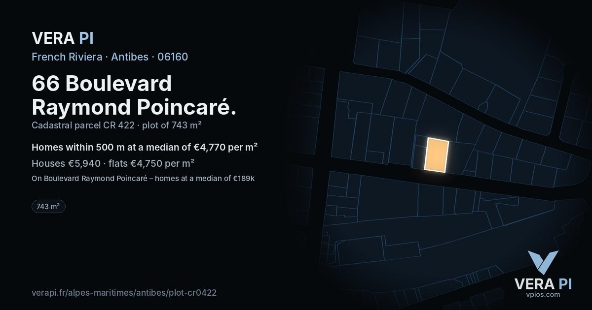 66 Boulevard Raymond Poincaré, Antibes at night – the plot lit, the parcels around coloured by the prices near them